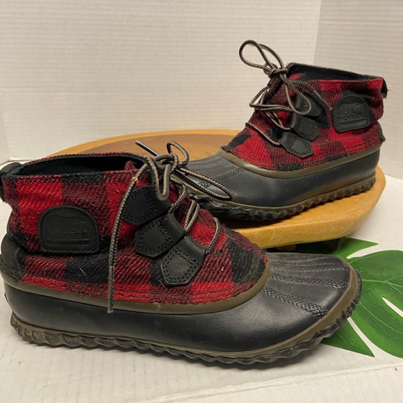 Sorel Red Buffalo Check Plaid Out and About Duck Boots - Picture 2 of 10